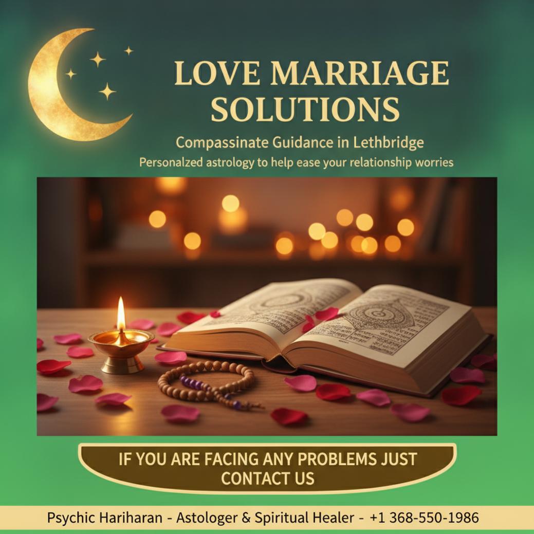 Finding Love Marriage Solution in Lethbridge, AB Love marriage solution setup with diya lamp and Vedic astrology books in Lethbridge